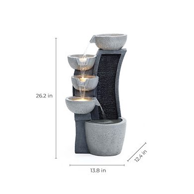LuxenHome 5-Bowl Multi-Gray Modern Sculpture 26-Inch Tall Resin Fountain with Lights
