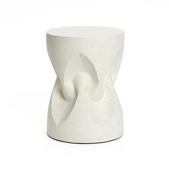 LuxenHome Speckled Off White Modern Spade Round 17-Inch Tall Cement Side Table, Indoor and Outdoor