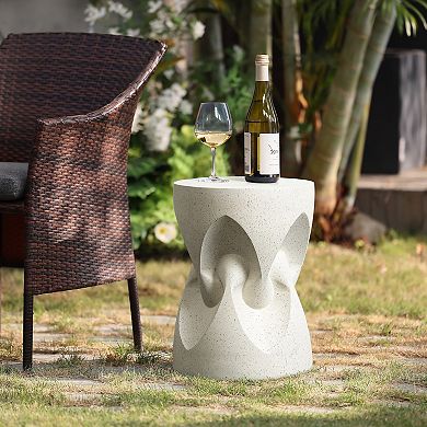 LuxenHome Speckled Off White Modern Spade Round 17-Inch Tall Cement Side Table, Indoor and Outdoor