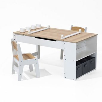 LuxenHome Activity Children Table with Storage Bookcase and 2 Chairs Set