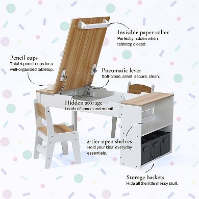 LuxenHome Activity Children Table with Storage Bookcase and 2 Chairs Set