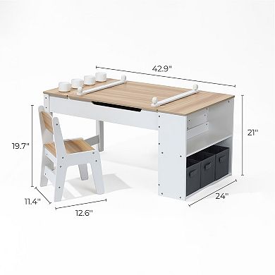 LuxenHome Activity Children Table with Storage Bookcase and 2 Chairs Set