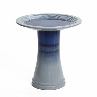 LuxenHome Blue Waves 18-Inch Tall Ceramic Birdbath