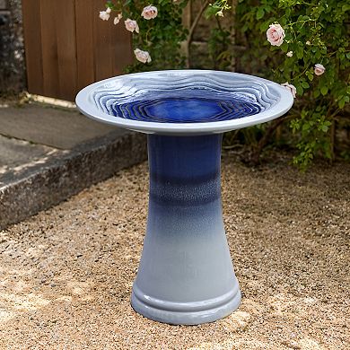 LuxenHome Blue Waves 18-Inch Tall Ceramic Birdbath