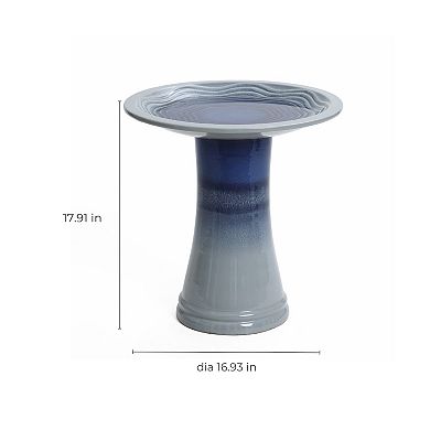 LuxenHome Blue Waves 18-Inch Tall Ceramic Birdbath