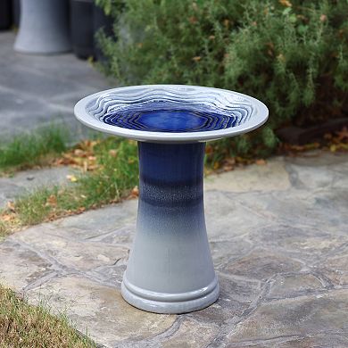LuxenHome Blue Waves 18-Inch Tall Ceramic Birdbath