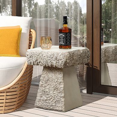 LuxenHome Outdoor Side Table, 18'' Rock Square Cement Patio Side Table , Concrete Accent End Table