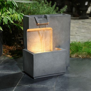 LuxenHome Gray with Speckled Black Rectangle 20-Inch Tall Resin Outdoor Fountain with Lights