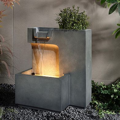 LuxenHome Gray with Speckled Black Rectangle 20-Inch Tall Resin Outdoor Fountain with Lights