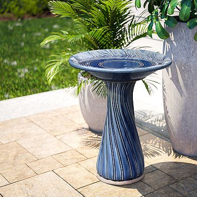 LuxenHome Blue Leaves and Swirl 22-Inch Tall Ceramic Birdbath