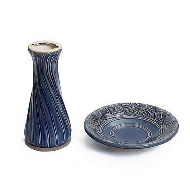 LuxenHome Blue Leaves and Swirl 22-Inch Tall Ceramic Birdbath