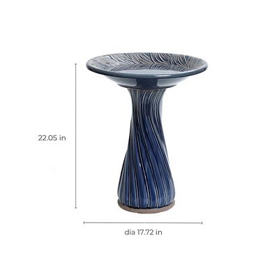 LuxenHome Blue Leaves and Swirl 22-Inch Tall Ceramic Birdbath