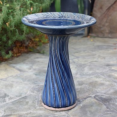 LuxenHome Blue Leaves and Swirl 22-Inch Tall Ceramic Birdbath