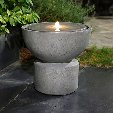 LuxenHome Gray with Speckled Black Resin Round Bubbler 18.5" Tall Outdoor Fountain with Lights
