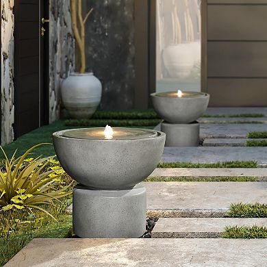 LuxenHome Gray with Speckled Black Resin Round Bubbler 18.5" Tall Outdoor Fountain with Lights