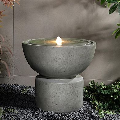 LuxenHome Gray with Speckled Black Resin Round Bubbler 18.5" Tall Outdoor Fountain with Lights