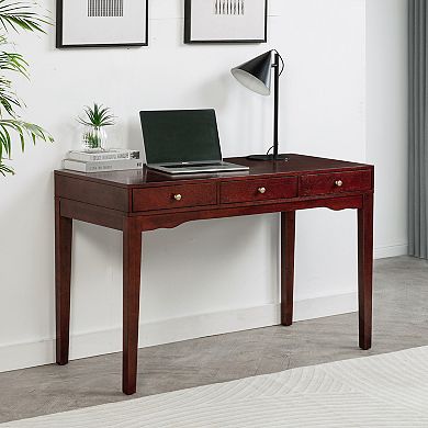 eHemco Solid Wood Library/Home office Writing Desk with 3 Drawers, Cherry