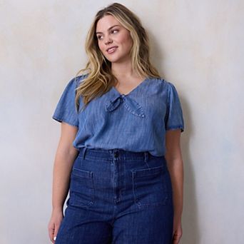 Plus Size LC Lauren Conrad Woven V-Neck Tie Top