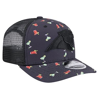 Men's New Era Navy/Black Carolina Panthers Adventure Drinks Pattern 9SEVENTY Stretch-Snap Hat