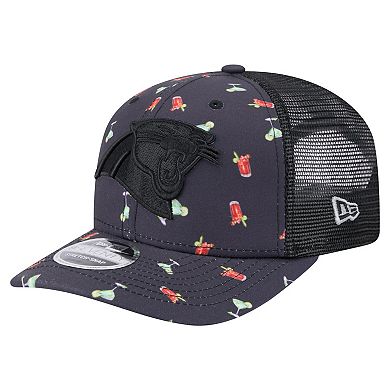 Men's New Era Navy/Black Carolina Panthers Adventure Drinks Pattern 9SEVENTY Stretch-Snap Hat