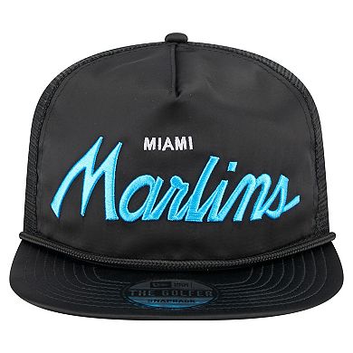 Men's New Era Black Miami Marlins Retro Satin Script Golfer Adjustable Hat