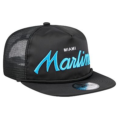 Men's New Era Black Miami Marlins Retro Satin Script Golfer Adjustable Hat