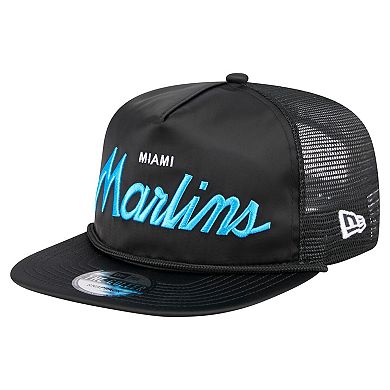 Men's New Era Black Miami Marlins Retro Satin Script Golfer Adjustable Hat