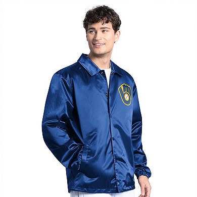 Men's Starter Royal Milwaukee Brewers Cooperstown Collection Point Man Full-Snap Coaches Jacket