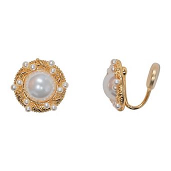 Vieste Gold Tone Textured Clip-On Simulated Pearl Button Earrings
