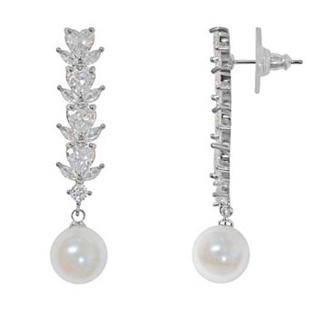 Vieste Silver Tone Polished Cubic Zirconia & Simulated Pearl Linear Earrings