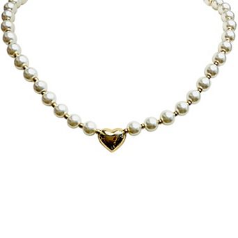 Vieste Gold Tone Polished Simulated Pearl & Heart Pendant Necklace
