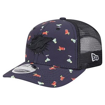 Men's New Era Navy/Black Miami Dolphins Adventure Drinks Pattern 9SEVENTY Stretch-Snap Hat