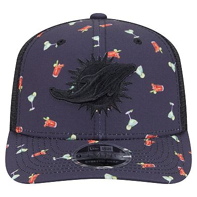 Men's New Era Navy/Black Miami Dolphins Adventure Drinks Pattern 9SEVENTY Stretch-Snap Hat