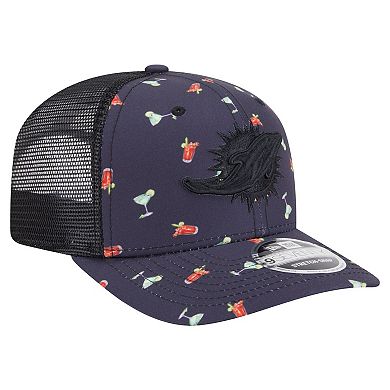 Men's New Era Navy/Black Miami Dolphins Adventure Drinks Pattern 9SEVENTY Stretch-Snap Hat
