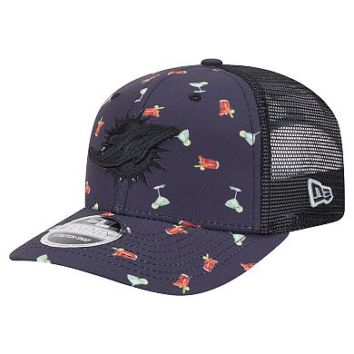 Men's New Era Navy/Black Miami Dolphins Adventure Drinks Pattern 9SEVENTY Stretch-Snap Hat