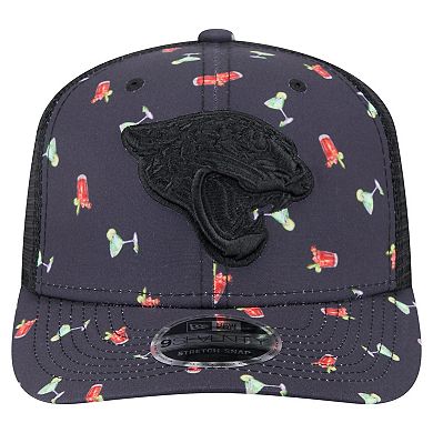 Men's New Era Navy/Black Jacksonville Jaguars Adventure Drinks Pattern 9SEVENTY Stretch-Snap Hat