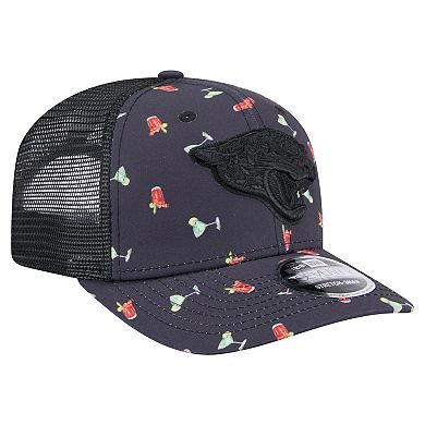 Men's New Era Navy/Black Jacksonville Jaguars Adventure Drinks Pattern 9SEVENTY Stretch-Snap Hat