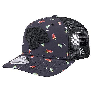 Men's New Era Navy/Black Jacksonville Jaguars Adventure Drinks Pattern 9SEVENTY Stretch-Snap Hat