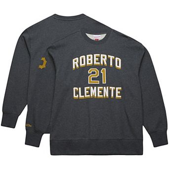 Men's Mitchell & Ness Roberto Clemente Heather Charcoal Pittsburgh Pirates Legends Collection Vintage Logo Name & Number Fleece Pullover Sweatshirt