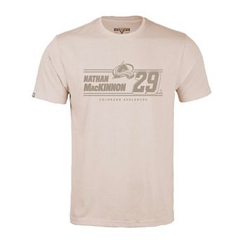 Men's Levelwear Nathan MacKinnon Khaki Colorado Avalanche Richmond Mileage Name & Number T-Shirt