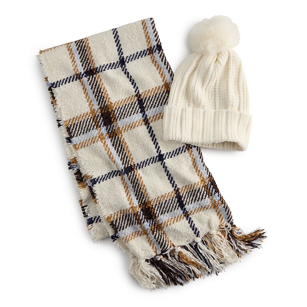 Nine West Chenille Window Pane Scarf & Hat Set display picture 3