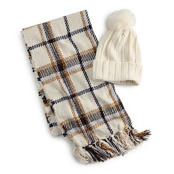 Nine West Chenille Window Pane Scarf & Hat Set