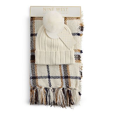 Nine West Chenille Window Pane Scarf & Hat Set