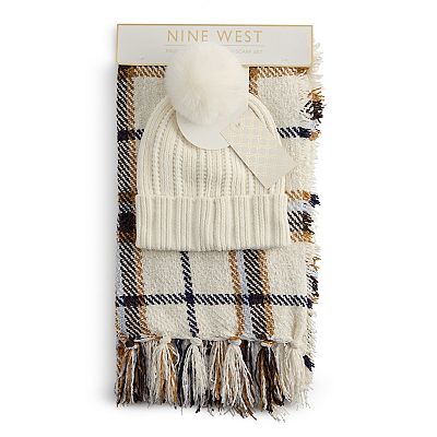 Nine West Chenille Window Pane Scarf & Hat Set display picture 1