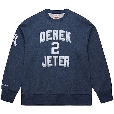 Men's Mitchell & Ness Derek Jeter Heather Navy New York Yankees Legends Collection Vintage Logo Fleece Name & Number Pullover Sweatshirt
