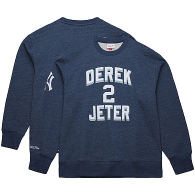 Men's Mitchell & Ness Derek Jeter Heather Navy New York Yankees Legends Collection Vintage Logo Fleece Name & Number Pullover Sweatshirt