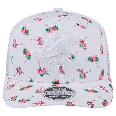 Men's New Era White Miami Dolphins Adventure Flamingo Pattern 9SEVENTY Stretch-Snap Hat