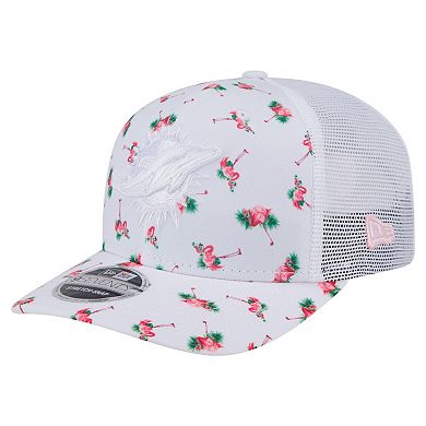 Men's New Era White Miami Dolphins Adventure Flamingo Pattern 9SEVENTY Stretch-Snap Hat