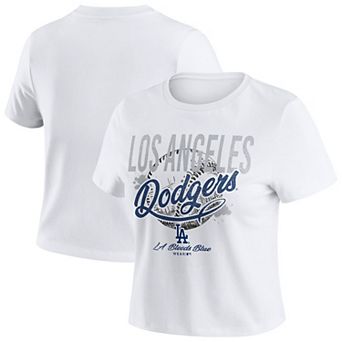 Women's WEAR by Erin Andrews White Los Angeles Dodgers Distressed Cropped Baby T-Shirt