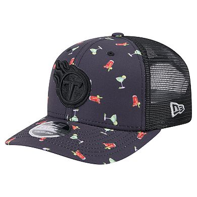 Men's New Era Navy/Black Tennessee Titans Adventure Drinks Pattern 9SEVENTY Stretch-Snap Hat